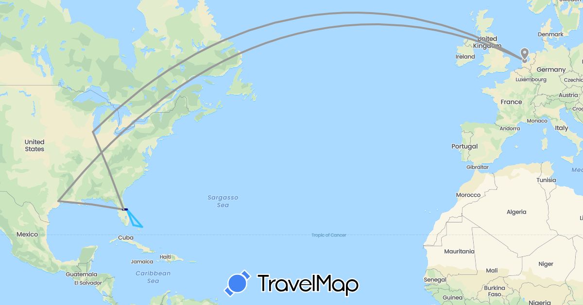 TravelMap itinerary: driving, plane, boat in Bahamas, Netherlands, United States (Europe, North America)